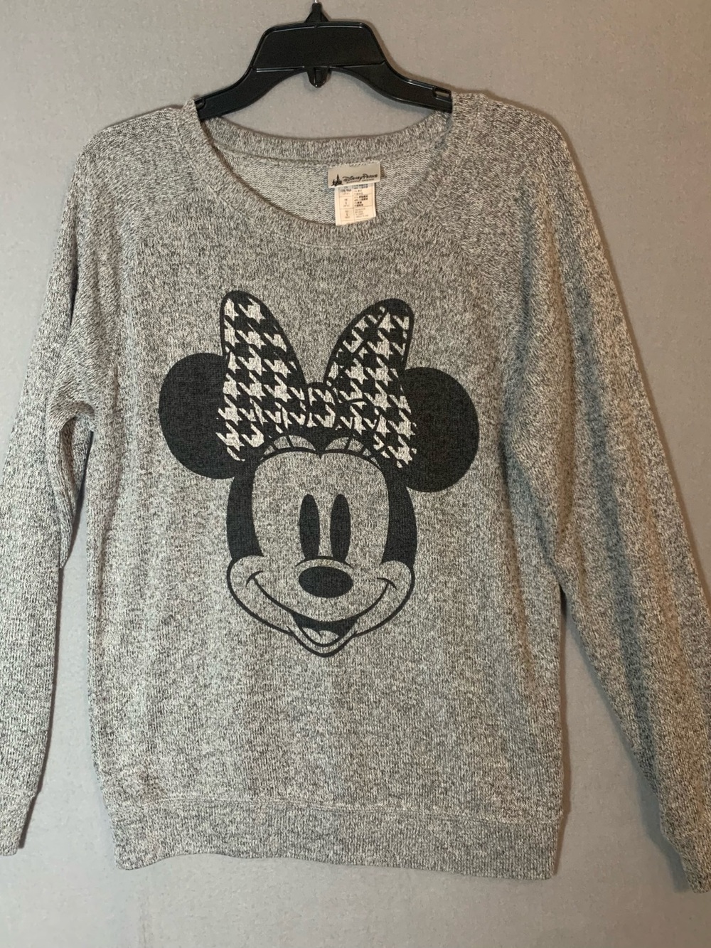 Disney Gray Minnie Mouse Houndstooth Bow Crewneck Sweater Ladies Sz Medium